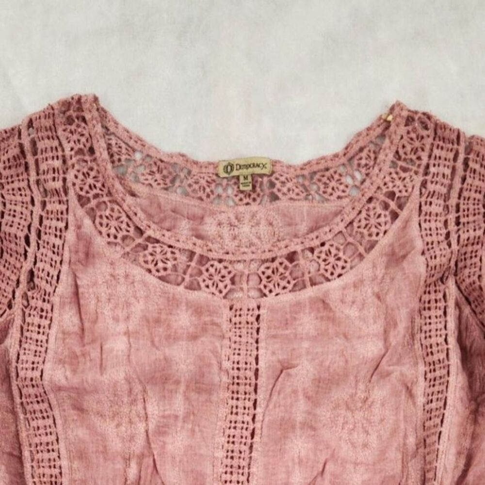 Democracy Womens Blouse M Pink Crochet Lace Boho Peasant Festival Top - Picture 2 of 10